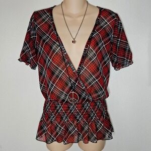 F.A.N.G‎ Plaid Sheer Top Smocked Waist Surplice Blouse